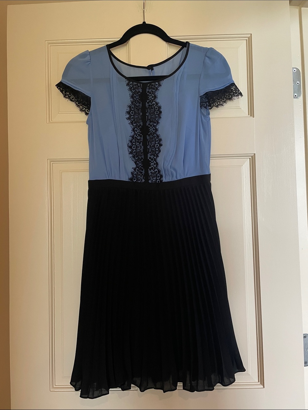Max & Cleo Blue and Black Lace-Trim Pleated Dress